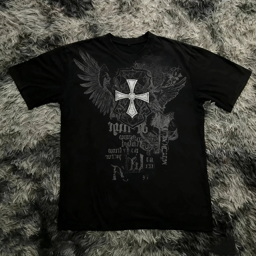 Retro Classic Gothic Style T-shirt Print Oversized Shirt High Street Shirts Gothic Round Neck Cotton Tops New Mens Women T Shirt
