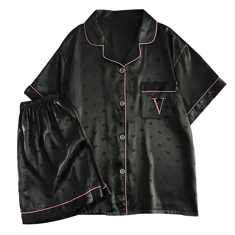 New Luxury Light Heart Ins Style Summer Pajamas for Women, Short Sleeve and Shorts, Ice Silk with Letter Embroidery Homewear Set