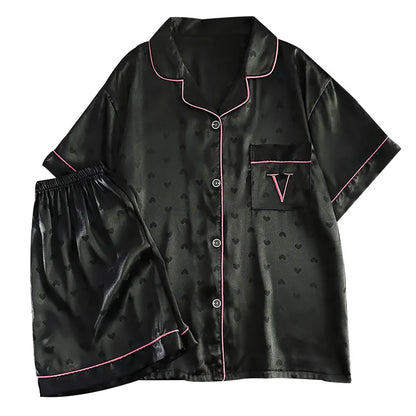 New Luxury Light Heart Ins Style Summer Pajamas for Women, Short Sleeve and Shorts, Ice Silk with Letter Embroidery Homewear Set