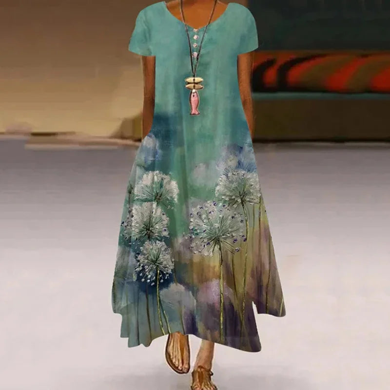 Women's Fashionable Dandelion Short Sleeved Dress Summer Casual Print Long Dress