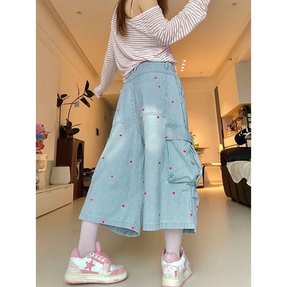 Vintage Summer 90s Cargo Jeans Women Y2k Retro Blue Stripe Wide Leg Pants Hip Hop Streetwear Baggy Pockets Denim Shorts
