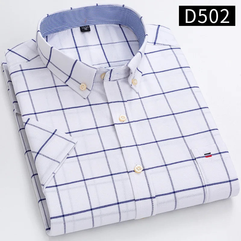 New Men's Social Shirt Short Sleeve 100% Pure Cotton Oxford Soft Buttoned Plaid Formal Male Clothes Pocket Social Shirt S-7XL