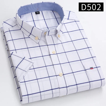 New Men's Social Shirt Short Sleeve 100% Pure Cotton Oxford Soft Buttoned Plaid Formal Male Clothes Pocket Social Shirt S-7XL