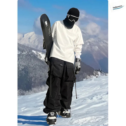 Men Women Winter Ski Snowboard Pants Cargo Multi‑Pocket Waterproof Windproof Drawstring Waist Adjustable Cuff Purple SnowTrouser