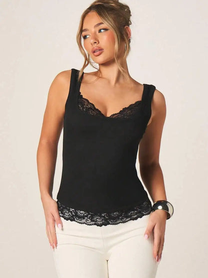 Ribbed Lace Trim Tank Top With Sweetheart Neckline For Layering Casual Summer