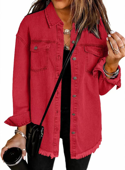 Autumn Winter New Women's Outerwear Denim Shirt Jacket Washed Finish Distressed Hem Single Row Buttons Pockets Street Fashion