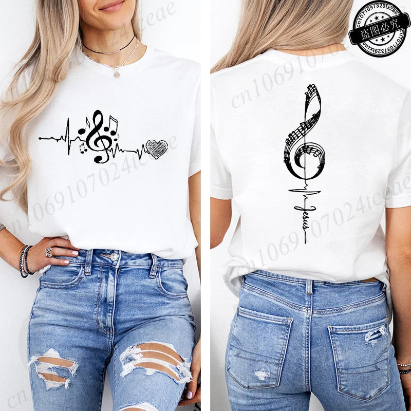 Musical Notes Printed T-Shirt for Women, Heartbeat Music Graphic Tee Shirts