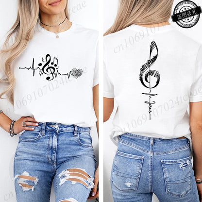 Musical Notes Printed T-Shirt for Women, Heartbeat Music Graphic Tee Shirts