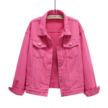 Solid Short Women's Denim Coat Spring Autumn Female Loose Jeans Jacket Purple Student Casual Outwear White Pink Yellow Red Black