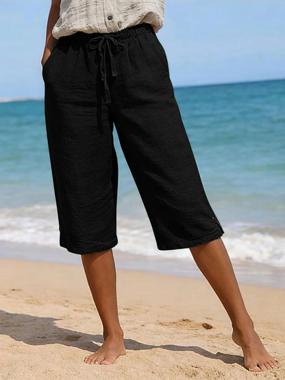 Women's Solid Color Cotton Linen Loose Fit Belted Front & Back Multiple Pockets Capri Pants