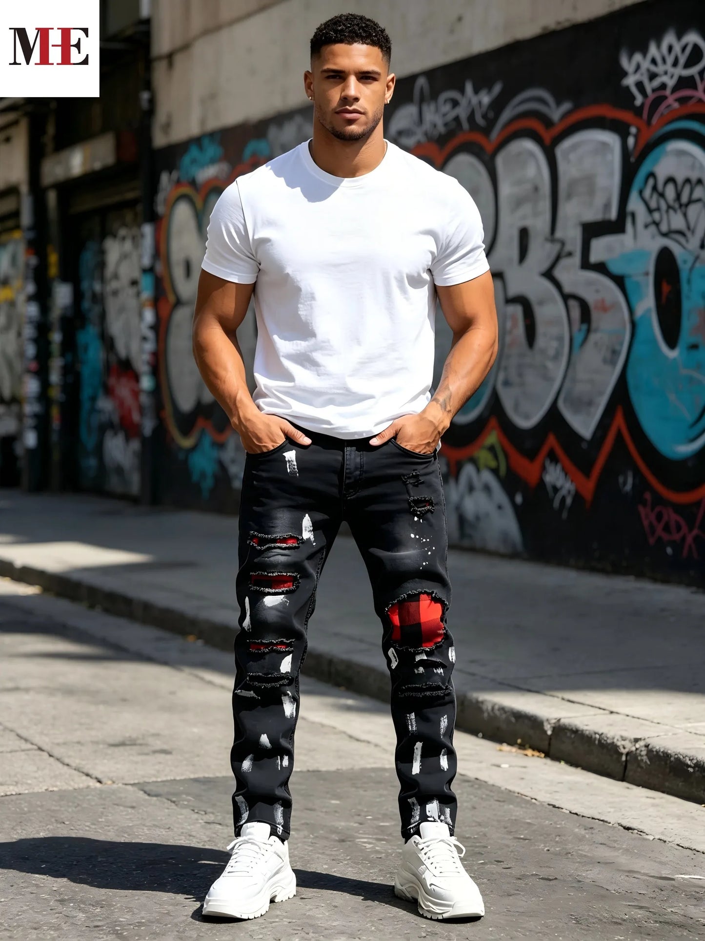HME Men's Black Gray Denim Pants, Plaid Patch Paint Splatter Slim Skinny Jeans for Streetwear