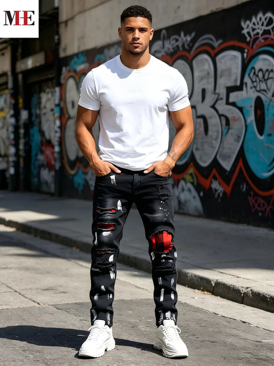 HME Men's Black Gray Denim Pants, Plaid Patch Paint Splatter Slim Skinny Jeans for Streetwear
