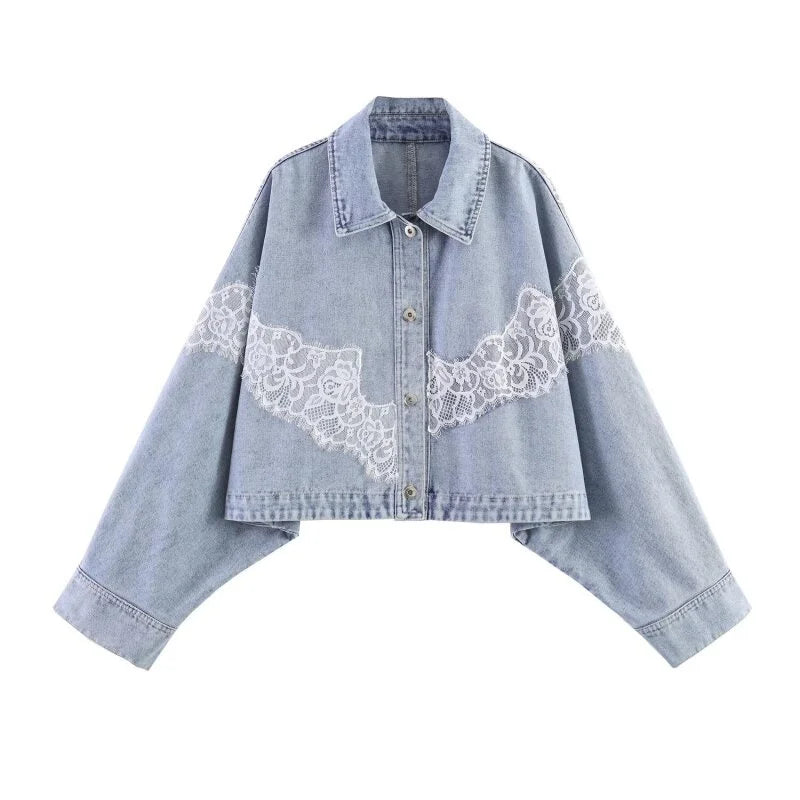 Women Spring Lace Patchwork Denim Jacket Lapel Collar Single Breasted Long Sleeve Loose Cropped Jean Coat Casual Fashion