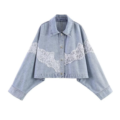 Women Spring Lace Patchwork Denim Jacket Lapel Collar Single Breasted Long Sleeve Loose Cropped Jean Coat Casual Fashion