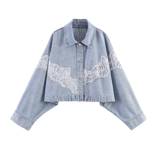 Women Spring Lace Patchwork Denim Jacket Lapel Collar Single Breasted Long Sleeve Loose Cropped Jean Coat Casual Fashion