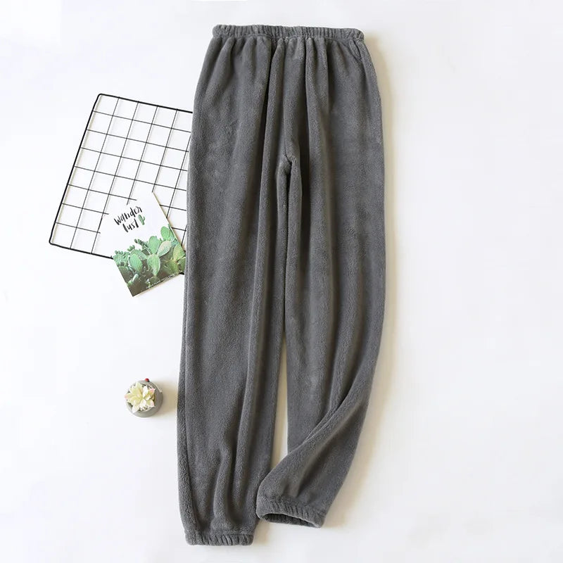 New Plush Winter Thick Sleep Men Pants Flannel Sleep Bottoms Plus Velvet Home Pajama Coral Fleece Male Sleepwear With Pocket