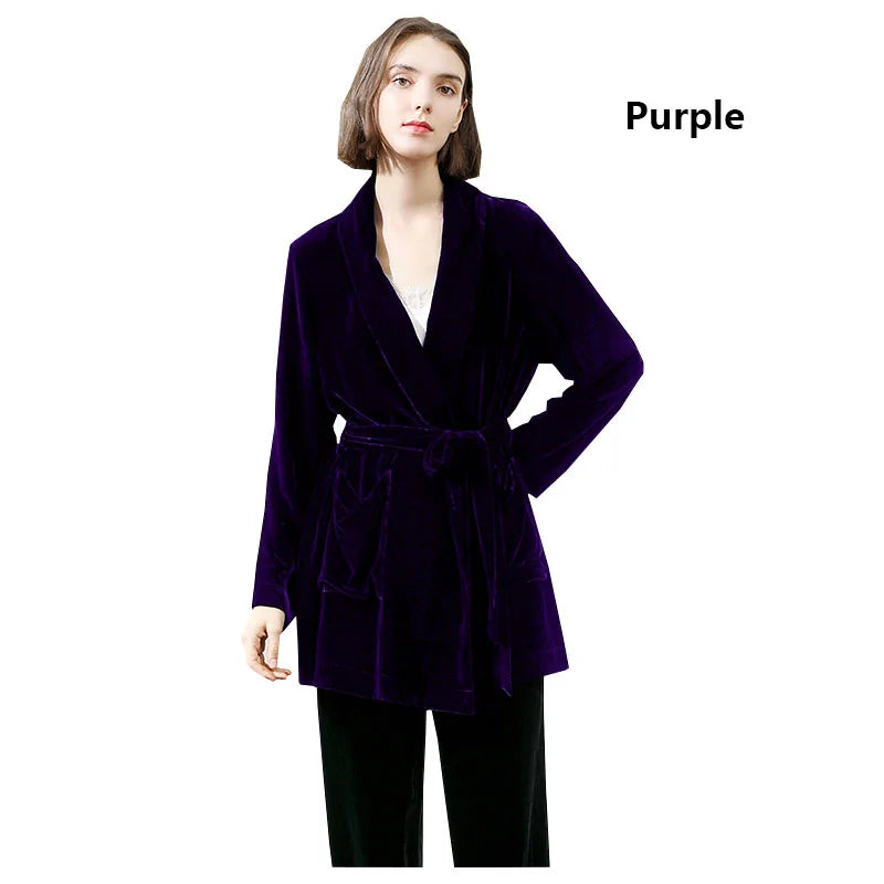 Mulberry Silk Velvet Lady Coat Blue Cardigan Lace-up Top Temperament Generous Business Leisure Outdoor Travel Spring and Autumn