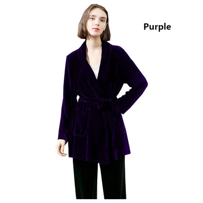 Mulberry Silk Velvet Lady Coat Blue Cardigan Lace-up Top Temperament Generous Business Leisure Outdoor Travel Spring and Autumn