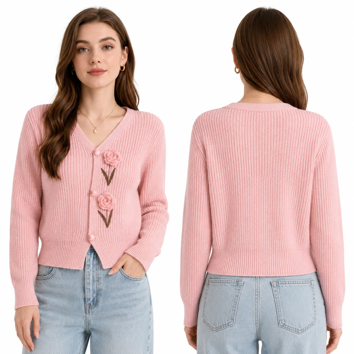3D Crochet Floral V Neck Knit Cardigan for Women, Long Sleeve Heart Button Cropped Sweater Coat, Sweet Cute Knitwear for Fall Daily Casual Outfit