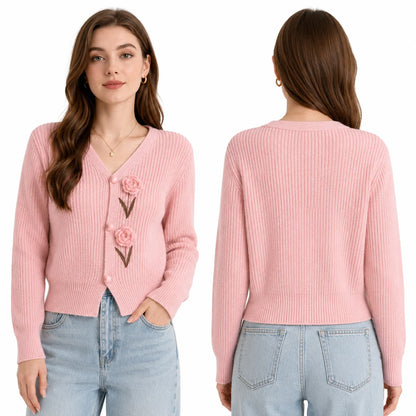 3D Crochet Floral V Neck Knit Cardigan for Women, Long Sleeve Heart Button Cropped Sweater Coat, Sweet Cute Knitwear for Fall Daily Casual Outfit