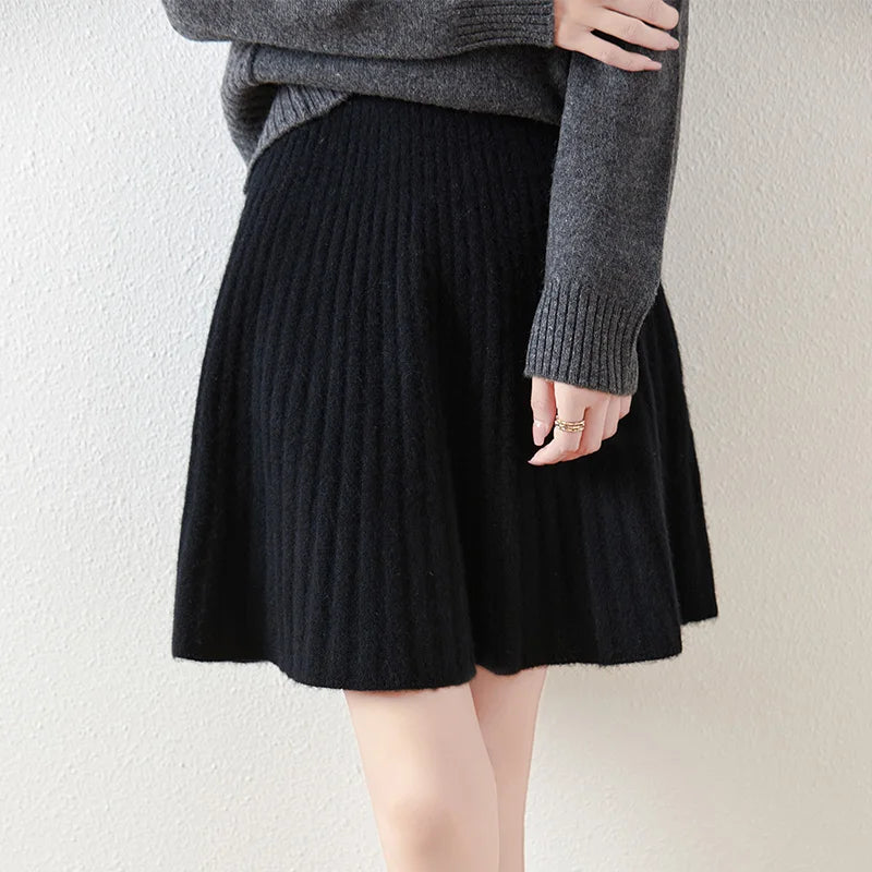 Women's Wave Short Skirt 100% Merino Wool Mini Skirts Autumn Winter Sweater Umbrella Skirt High Waist Stretch Sweet Knit Dresses