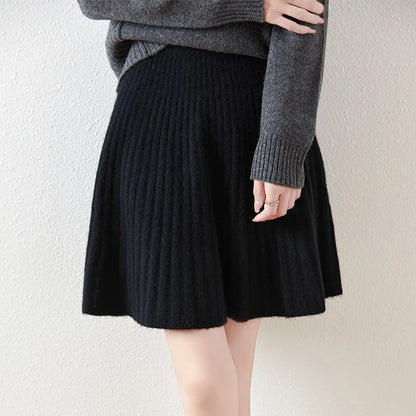 Women's Wave Short Skirt 100% Merino Wool Mini Skirts Autumn Winter Sweater Umbrella Skirt High Waist Stretch Sweet Knit Dresses