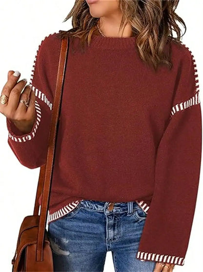 Sweaters For Women Fashion Solid Crewneck Pullover Loose Fit Long Sleeve Contrast Cable Knit Sweater Jumper Top