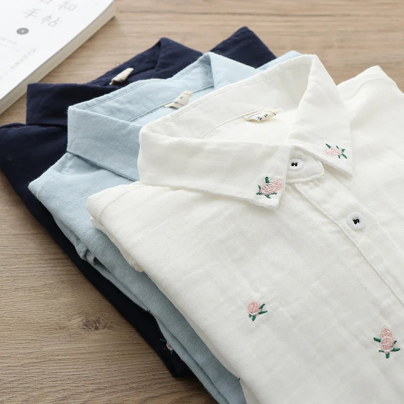 2026 Spring Autumn New Fresh Cotton Yarn Ladies Long Sleeve Shirt Flower Embroidered Women's Casual Shirt Female Blouse Clothes