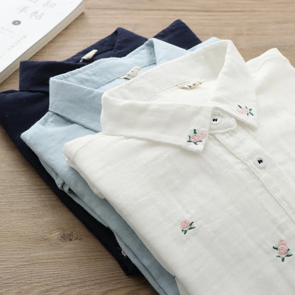 2026 Spring Autumn New Fresh Cotton Yarn Ladies Long Sleeve Shirt Flower Embroidered Women's Casual Shirt Female Blouse Clothes