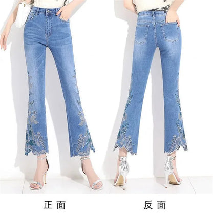 2025 Spring/Summer New Thin Embroidered Jeans Women's Stretch Embroidered Nine Part Pants Retro Versatile Micro Bellbottom Pants