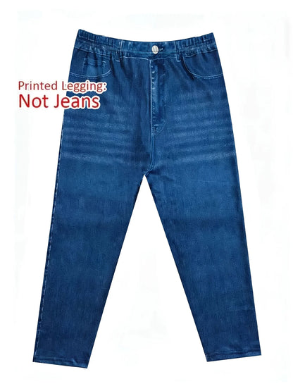 7149Women's Soft Faux Denim Print Shorts Non Hard Denim High Elastic Slim Fit Vacation Capri Pants