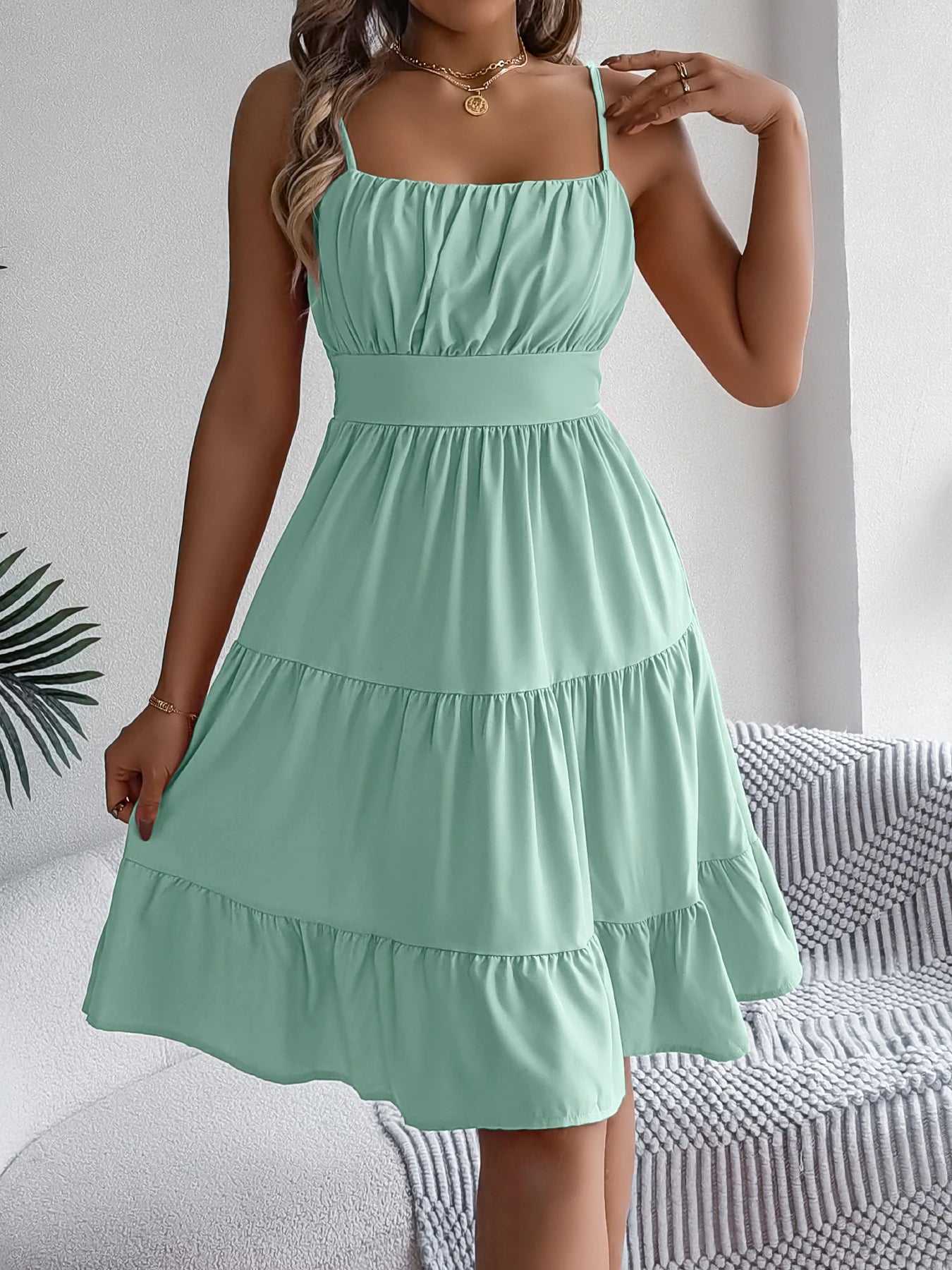 Casual Vacation Ruffled Camisole Dress Spring Summer Women's Solid Dresses for 2026 Valentine's Day Woman Clothing Pink Blue