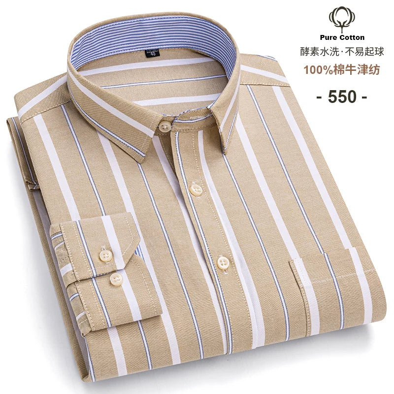 Men's Social Shirts Long Sleeve 100%Pure Cotton Oxford Buttoned Plaid Formal Male Casual Clothes Oversized Shirt Plus Size S-7XL