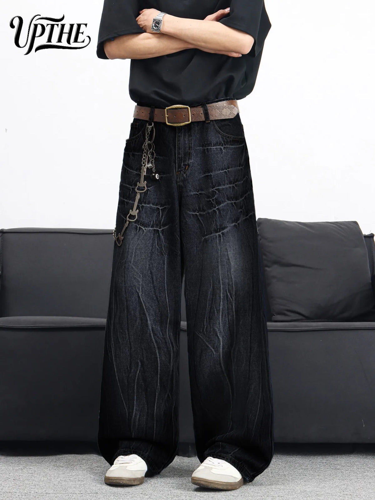 UP.THE Men Black Gradient Cracked Wash Baggy Wide Leg Jeans, Y2K Oversized Loose Distressed Denim Pants, Grunge Streetwear Trousers for Daily Outfits
