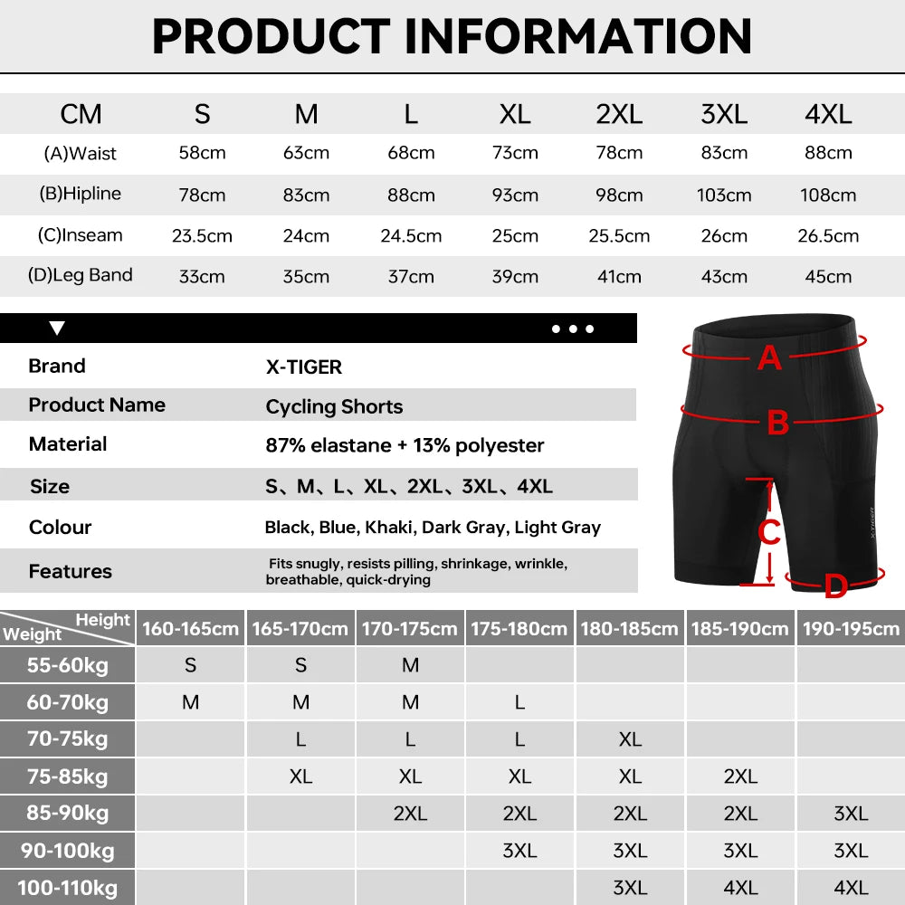 X-TIGER Men Long Distance Cycling Shorts 7 Hour Shock Pad Quick Dry Anti Slip Waistband Night Reflective MTB Bike Shorts