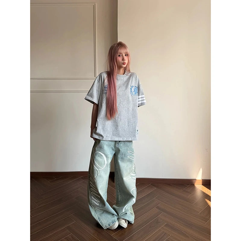 YIBASHU Women Vintage Blue Y2k Baggy Jeans Harajuku Letter Print Denim Trousers Streetwear Japanese 2000s Oversize Jeans Pants