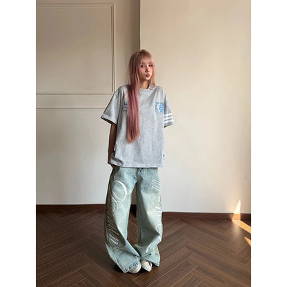 YIBASHU Women Vintage Blue Y2k Baggy Jeans Harajuku Letter Print Denim Trousers Streetwear Japanese 2000s Oversize Jeans Pants