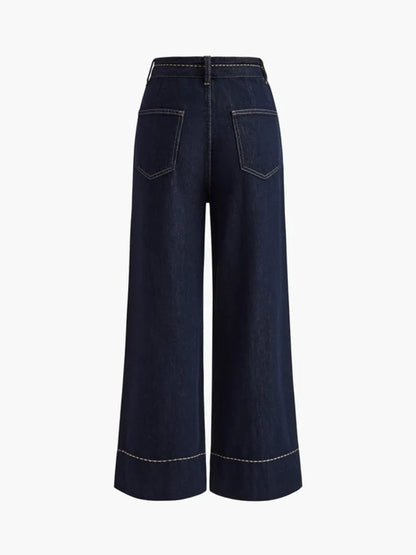 Missuoo 2026 Summer Women's Trendy Wide Leg Jeans Dark Blue High Waist Center Pleated Denim Pants with Contrast Stitching