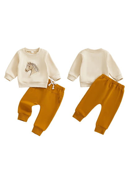 Adorable Infant Boys 2-Piece Set Stylish Long Sleeve Horse Embroidered Sweater with Matching Pants Perfect for Autumn Outings