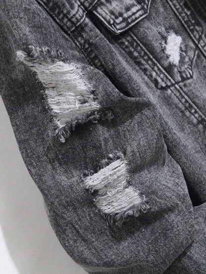 1Pc Y2Kmen's Four Seasons Destroyed Stone Washed Light Jacket Daily American Street Casual Denim Jacket (No Hood/No Accessories)