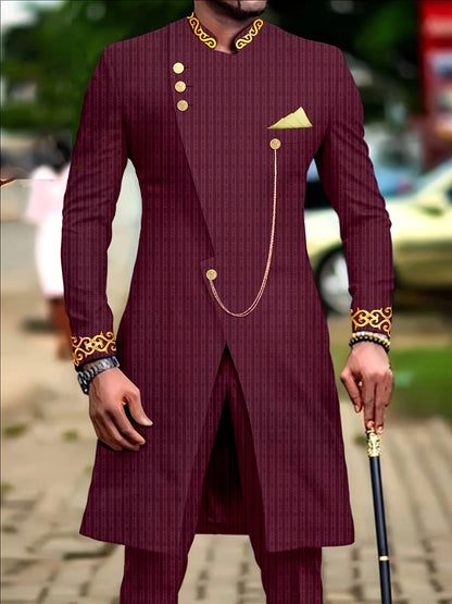 Men's casual two-piece suit set with long sleeves, mid-length jacket and trousers.
