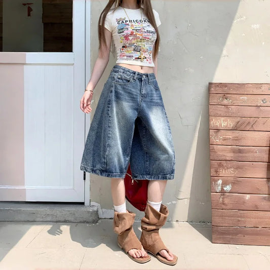 Women Y2k Wide Leg Denim Shorts Summer Casual Korean Vintage Cow Girl Baggy High Rise Wide Leg Jeans Jorts Bermuda Loose Shorts