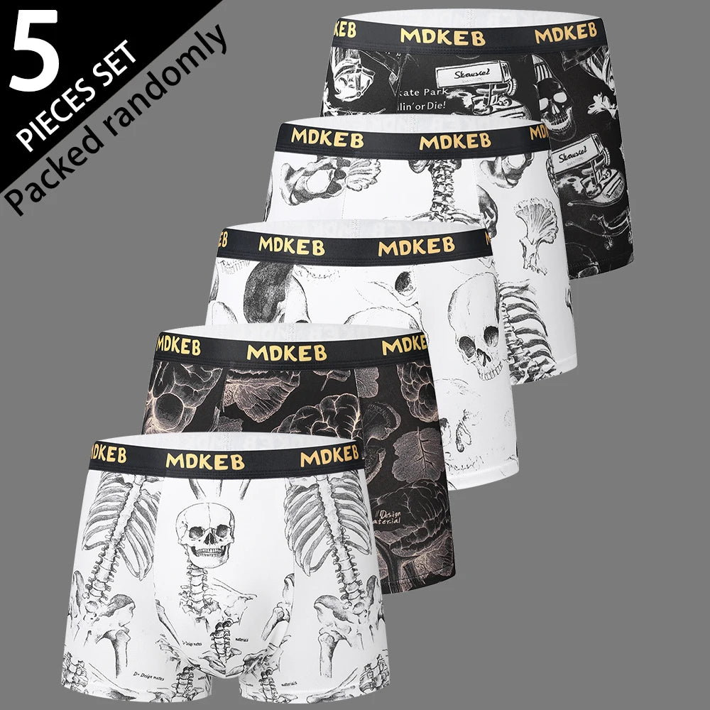 5-Pack Men's Mixed Hair Boxer Briefs with Popular Skull Print Mid-Waist Thin High Elastic Comfortable Men's Boxer Shorts