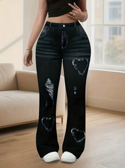 Retro Plus Size Flare Pants, Y2K Heart Print Bell Bottom Leggings, High Waist Stretchy Chic Trousers for Streetwear