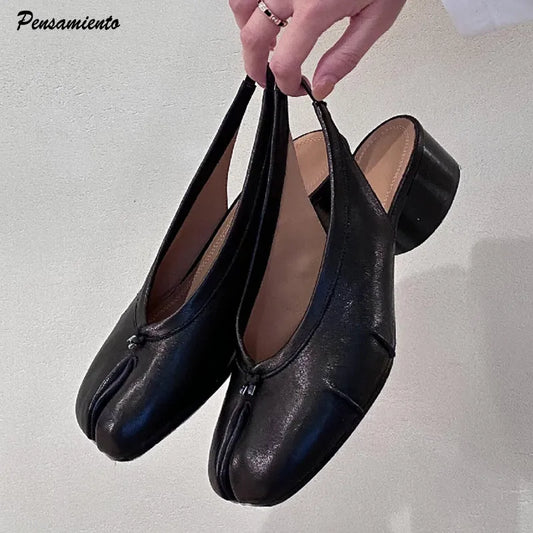 2025 Spring Summer Fashion Soft Leather Split Toe Women Pumps Casual Comfortable 3.5cm Low Heeled Slingbacks Tabi Ballet Shoes