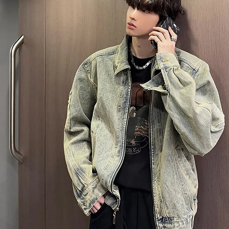 Men's Jeans Jacket Autumn Vintage Washed Casual Denim Jackets Versatile Fashion Korea Style Trendy High Street Outerwear Coat