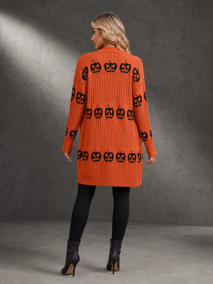Women Halloween Open Front Cardigan, Pumpkin Face Jacquard Knit Long Sleeve Cardigan, Loose V‑Neck Mid‑Length Sweater Coat with Pockets
