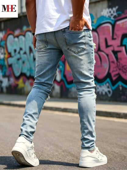 HME Men's Stretch Denim Pants, Light Blue Slim Skinny Jeans with Rips & Patches for Comfort