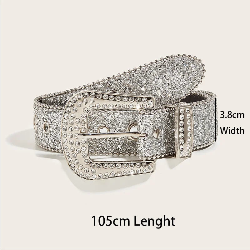 Gothic Black Silver Metal Buckle Rhinestone Belt Luxury Desiner Four Seasons Y2K Womens Jeans Belt Plus Size Men's Waistband