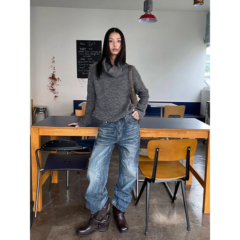 Blue Straight Leg Slim Fit Jeans Women's American Retro  Casual Cotton Denim Pants Youth Stand Fit Jeans